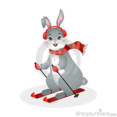 Cute bunny skiing. Year of rabbit. Chinese New year 2023 symbol. Vector illustration in cartoon style. Design element Vector Illustration