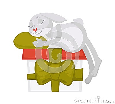 Bunny sleeps on huge gift box with ribbon and bow Vector Illustration