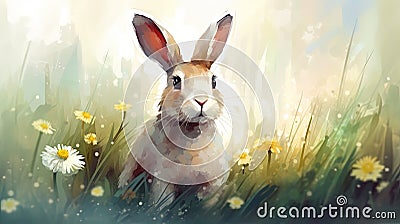 Cute Bunny on a Spring Wildflower Meadow. Perfect for Easter Invitations. Stock Photo