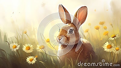 Cute Bunny on a Spring Wildflower Meadow. Perfect for Easter Invitations. Stock Photo