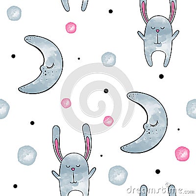 Cute Bunny . Vector watercolor seamless pattern Stock Photo