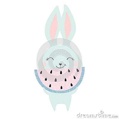 Cute bunny with watermelon Vector Illustration