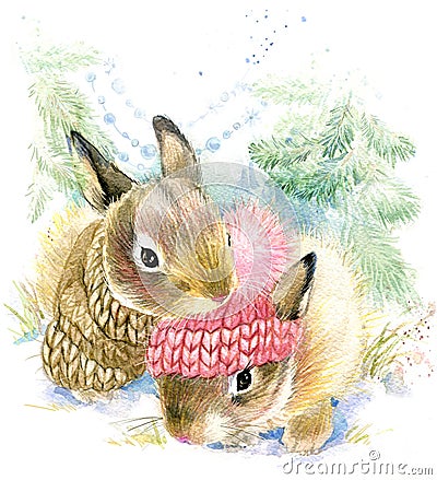 Cute bunny in winter forest. Cartoon Illustration