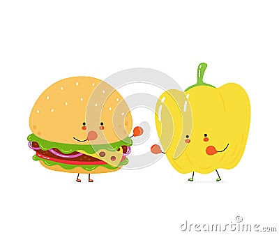 Cute burger fight with bell pepper Vector Illustration