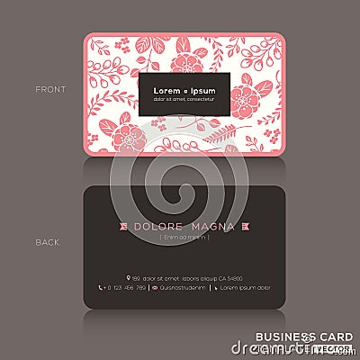 Cute Business card Template with pink floral pattern background Vector Illustration