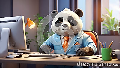 Cute business cartoon strategy lion style panda career project sitting creative comic job Stock Photo