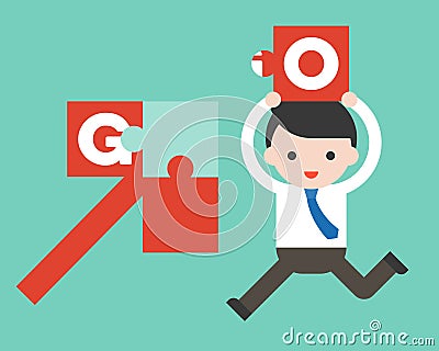 Cute business man run to complete with puzzle arrow, business si Vector Illustration