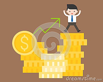 cute business man stand on stack of gold coin, business situation concept, riches from investment dollar currency price rising Vector Illustration