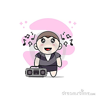 Cute business woman character holding radio Vector Illustration