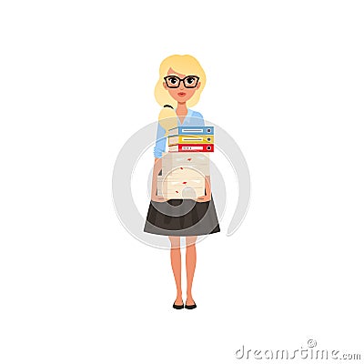 Cute business woman holding stack of papers and folders. Vector Illustration