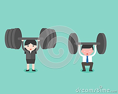 Cute businessman and businesswoman try to lift weight, and woman Vector Illustration