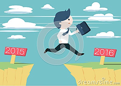 Cute businessman jump across the cliff from year 2015 to year 2016. Vector Illustration