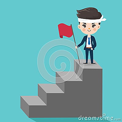 Cute businessman stands on top stairs. Vector Illustration