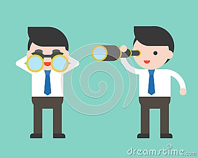 Cute Businessman or manager with binoculars and monocular scope, ready to use character Vector Illustration