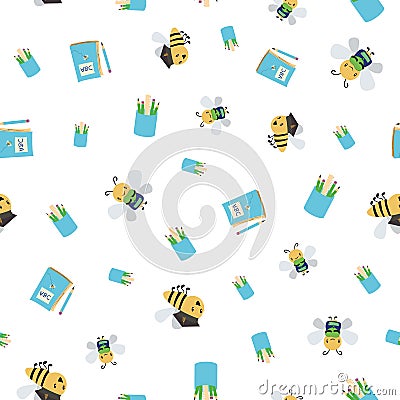 Cute busy bees with books, bags and pencils going back to school design. Seamless vector pattern on white background Vector Illustration