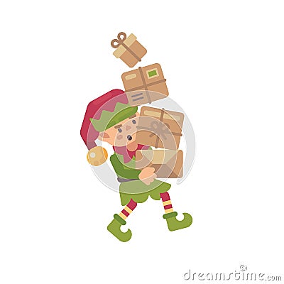 Cute busy Christmas elf carrying parcels with presents for kids Vector Illustration