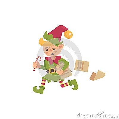 Cute busy Christmas elf running with papers and letters Vector Illustration