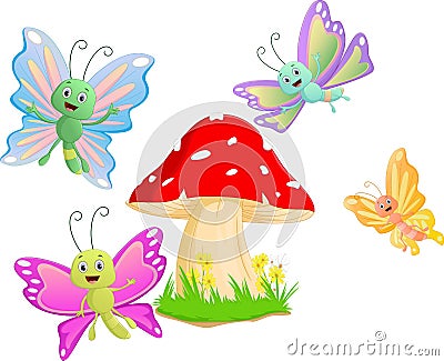 Cute butterfly cartoon with red mushroom Vector Illustration