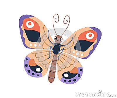 Cute butterfly character. Happy funny beautiful insect with positive face expression. Fairytale tropical moth with wings Vector Illustration