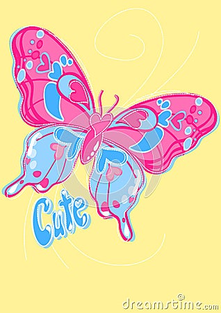 Cute butterfly embroidery on a yellow background Vector Illustration