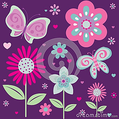 cute butterfly and flowers Vector Illustration