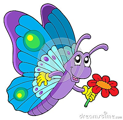 Cute butterfly holding flower Vector Illustration