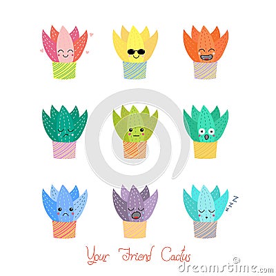 Cute cacti with different faces Vector Illustration