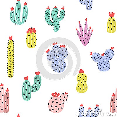 Cute cacti seamless pattern. Succulents background in Scandinavian style Vector Illustration