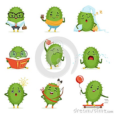 Cute cactus cartoon characters set, cacti activities with different emotions and poses, colorful detailed vector Vector Illustration