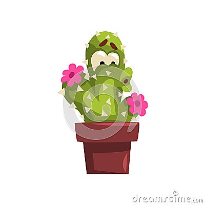 Cute cactus character with flowers, succulent plant with funny face in flowerpot vector Illustration on a white Vector Illustration