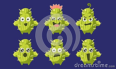 Cute Cactus Characters Set, Funny Emojis Plants with Different Emotions Vector Illustration Vector Illustration