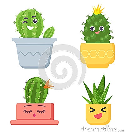 Cute cactus with faces collection, succulent plant Cartoon Illustration