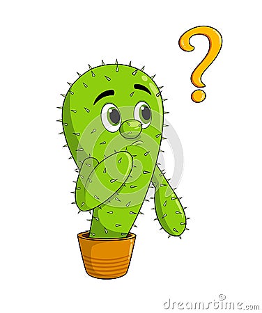 Cute cactus mascot with pointed question. Vector Illustration