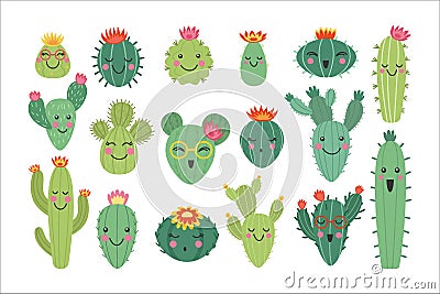 Cute cactus plants. Kawaii cacti flowers, happy face characters, summer thorn garden and houseplants. Prickly succulents Vector Illustration