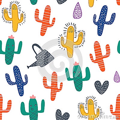 Cute cactus seamless pattern with colorful nursery background for fashion textile wrapping and print. Vector illustration hand Vector Illustration