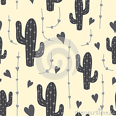 Cute cactus seamless pattern with hearts in grey color. Natural vector background Vector Illustration