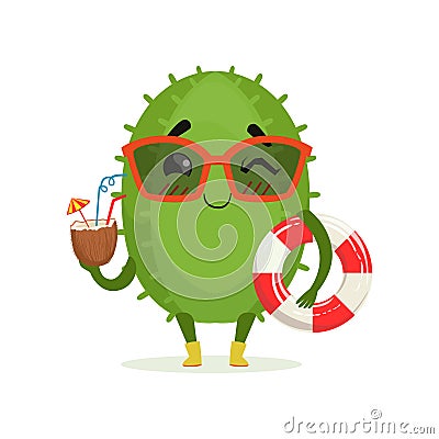 Cute cactus in sunglasses holding lifebuoy and cocktail Vector Illustration