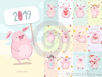 Cute calendar 2019 with pig Vector Illustration