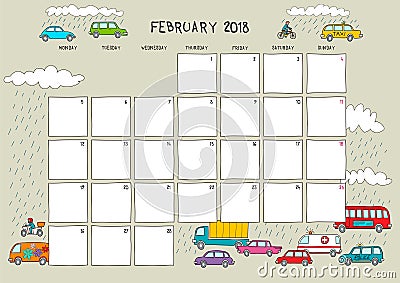 Cute calendar and planner for February 2018. Beige background wi Vector Illustration