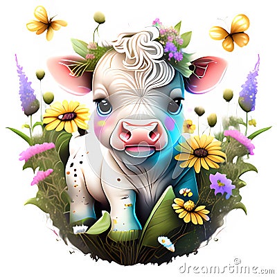 Cute calf, baby cow Generative AI clip art Cartoon Illustration