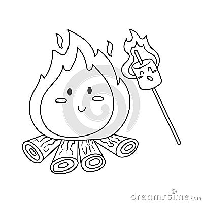 Cute Campfire and Marshmallow Colorless Vector Illustration