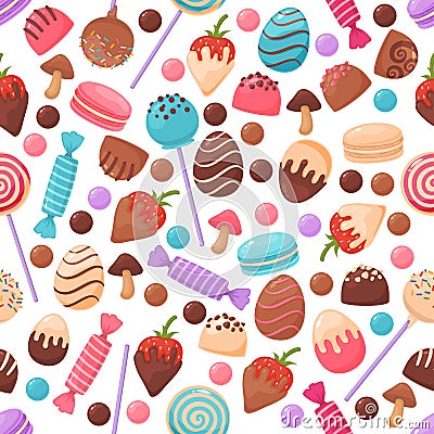 Cute candies seamless pattern. Tasty sweets. Repeated sugar products. Fruit caramel. Assorted confectionery. Strawberry Vector Illustration