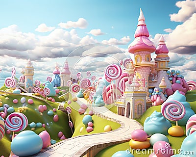 cute candyland in pastels with lollipops. Cartoon Illustration