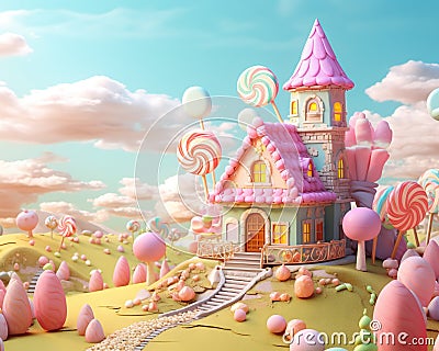 cute candyland in pastels with lollipops. Cartoon Illustration