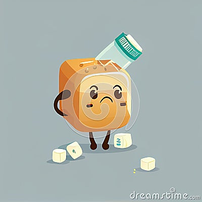 cute cane sugar cube cartoon character drinking pills, cartoon style, modern simple illustration Cartoon Illustration