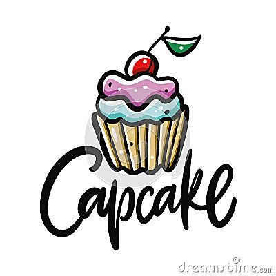 Cute Capcake with Cherry. Hand drawn vector illustration. Cartoon style Cartoon Illustration