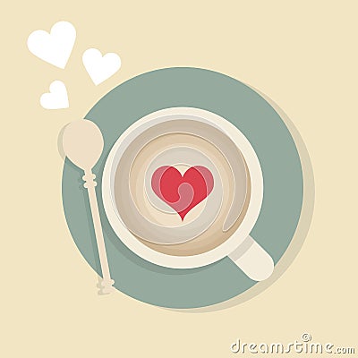 Cute cappuccino cup with red heart and a teaspoon from top view Vector Illustration