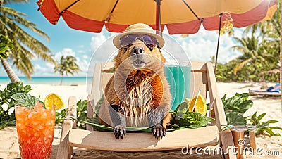 Cute capybara on the beach template decoration fictional vacation tropic sea relax design Stock Photo