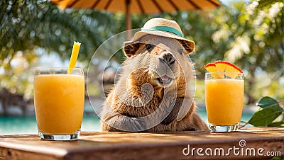 Cute capybara on the beach template little fictional vacation tropic sea relax design Stock Photo