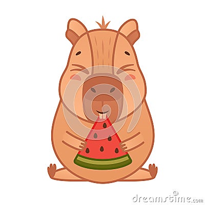 Cute capybara character eats watermelon. Cartoon animal sticker. Vector illustration on white background Vector Illustration
